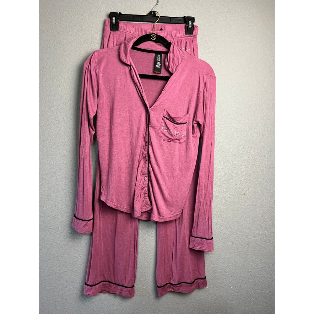 Bebe Pink Pajama Lounge Set Long Sleeve Button Up Rhinestone Logo Mauve Medium